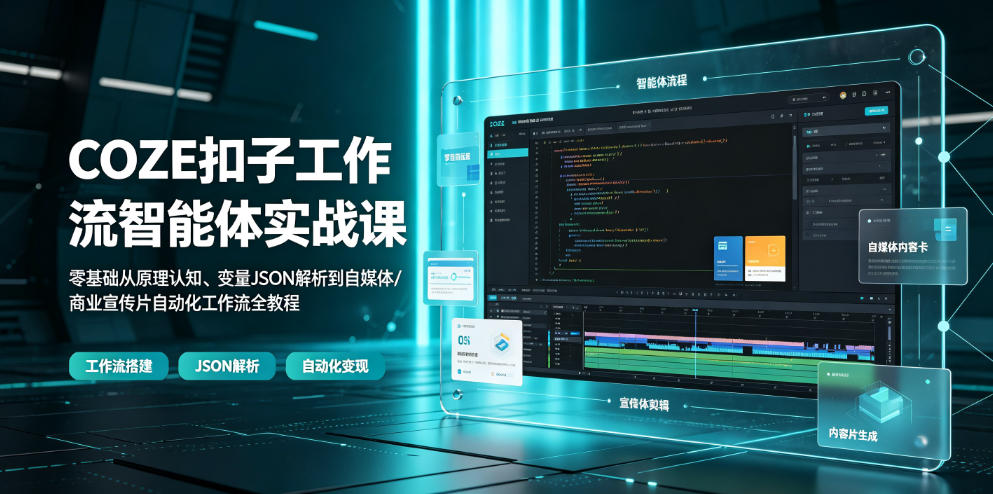 COZE扣子工作流智能体实战课｜零基础从原理认知、变量JSON解析到自媒体/商业宣传片自动化工作流全教程-藏宝阁
