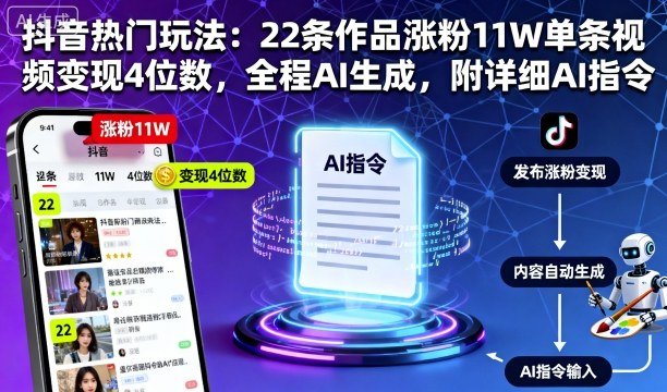 抖音热门玩法：22条作品涨粉11W单条视频变现4位数，全程AI生成，附详细AI指令-藏宝阁