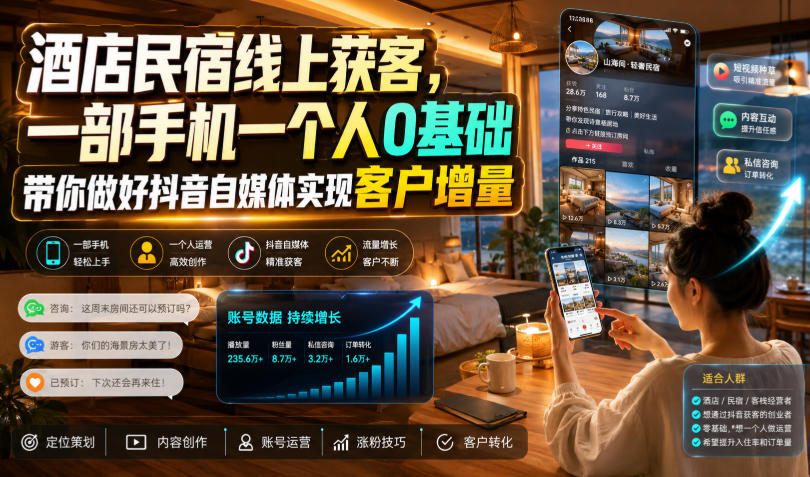 酒店民宿线上获客，一部手机一个人0基础带你做好抖音自媒体实现客户增量-藏宝阁