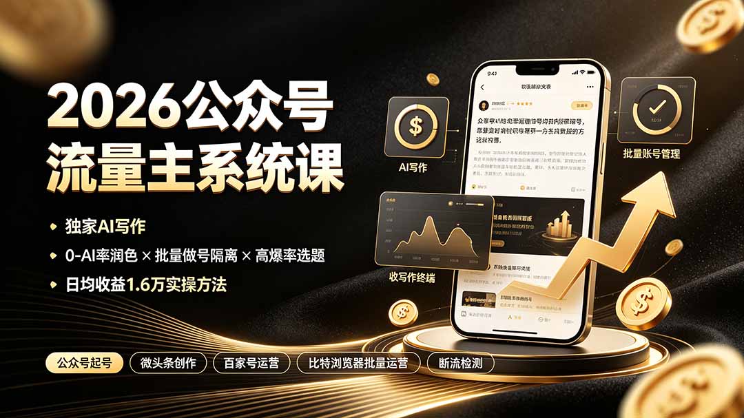 2026公众号流量主系统课：独家AI写作×0-AI率润色×批量做号隔离×高爆率选题，日均收益1.6万实操方法-藏宝阁