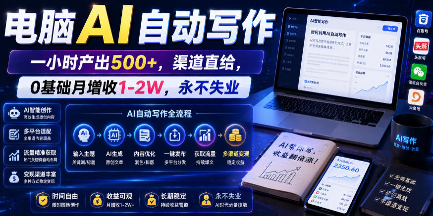 电脑AI自动写作，一小时产出500+，渠道直给，0基础月增收1-2W，永不失业【揭秘】-藏宝阁