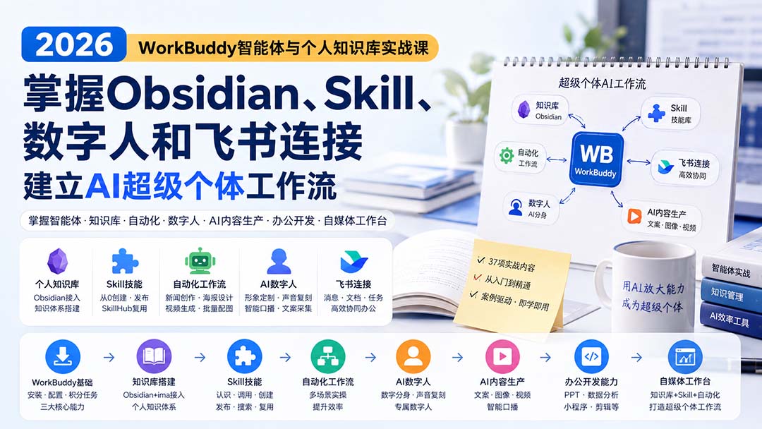 2026 WorkBuddy智能体与个人知识库实战课：掌握Obsidian、Skill、数字人和飞书连接，建立AI超级个体工作流-藏宝阁