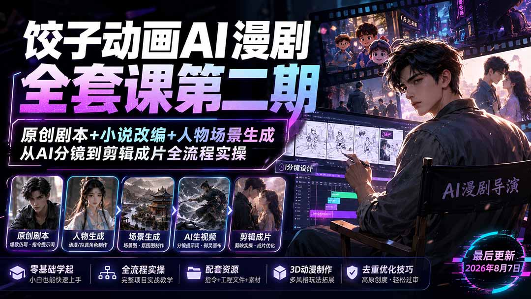 饺子动画AI漫剧全套课第二期：原创剧本+小说改编+人物场景生成，从AI分镜到剪辑成片全流程实操-藏宝阁