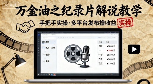 万金油之纪录片解说教学，手把手教你，完全实操，多平台发布撸收益-藏宝阁