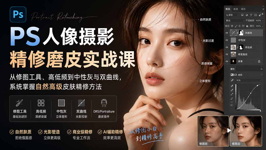 PS人像摄影精修磨皮实战课：从修图工具、高低频到中性灰与双曲线，系统掌握自然高级皮肤精修方法-藏宝阁