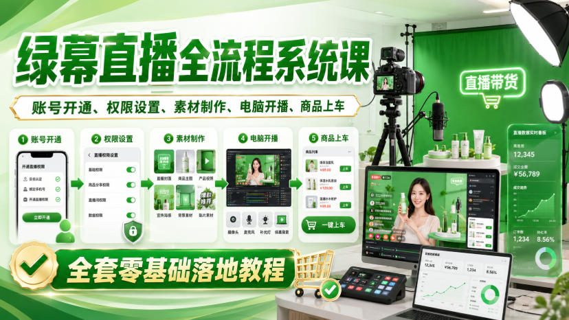 绿幕直播全流程系统课，账号开通、权限设置、素材制作、电脑开播、商品上车全套零基础落地教程-藏宝阁