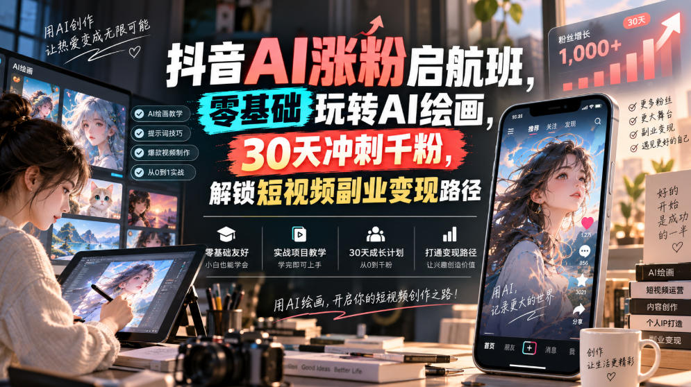抖音AI涨粉启航班，零基础玩转AI绘画，30天冲刺千粉，解锁短视频副业变现路径-藏宝阁