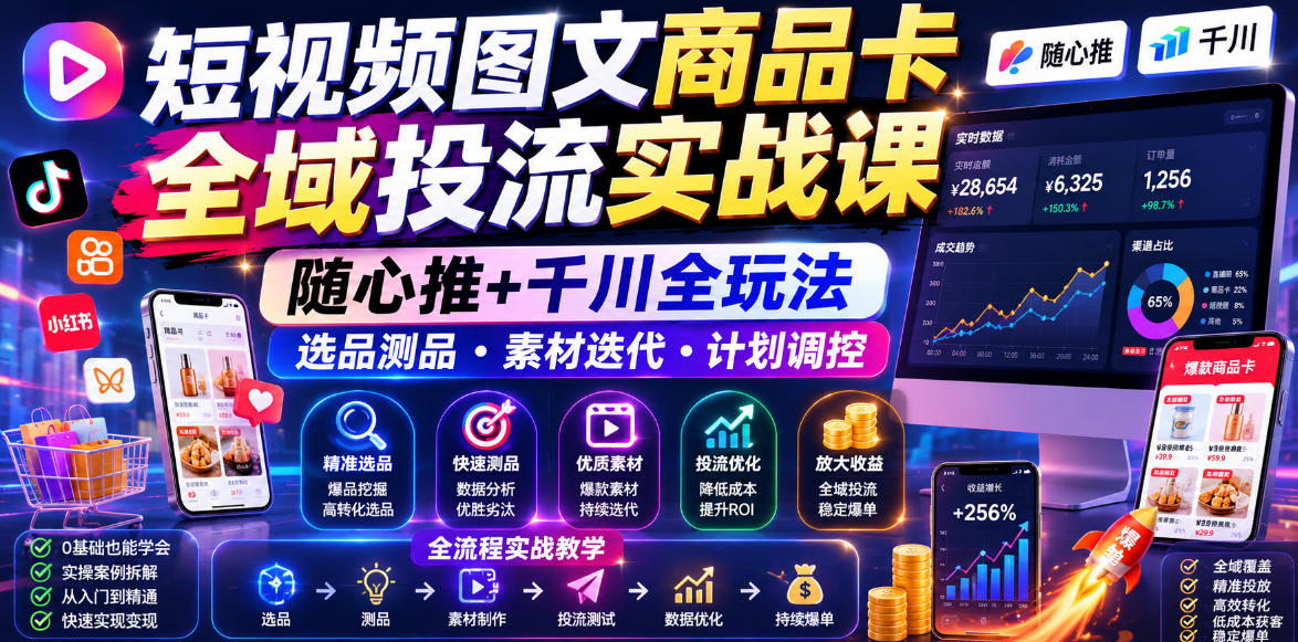 短视频图文商品卡全域投流实战课，随心推+千川全玩法，选品测品・素材迭代・计划调控，提升ROI爆单增收教程-藏宝阁