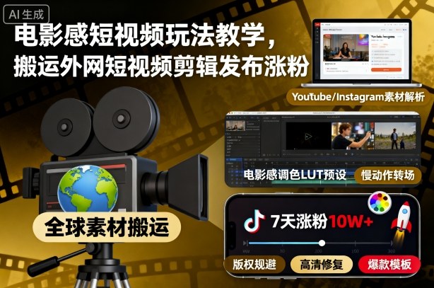 电影感短视频玩法教学，搬运外网短视频剪辑发布涨粉-藏宝阁