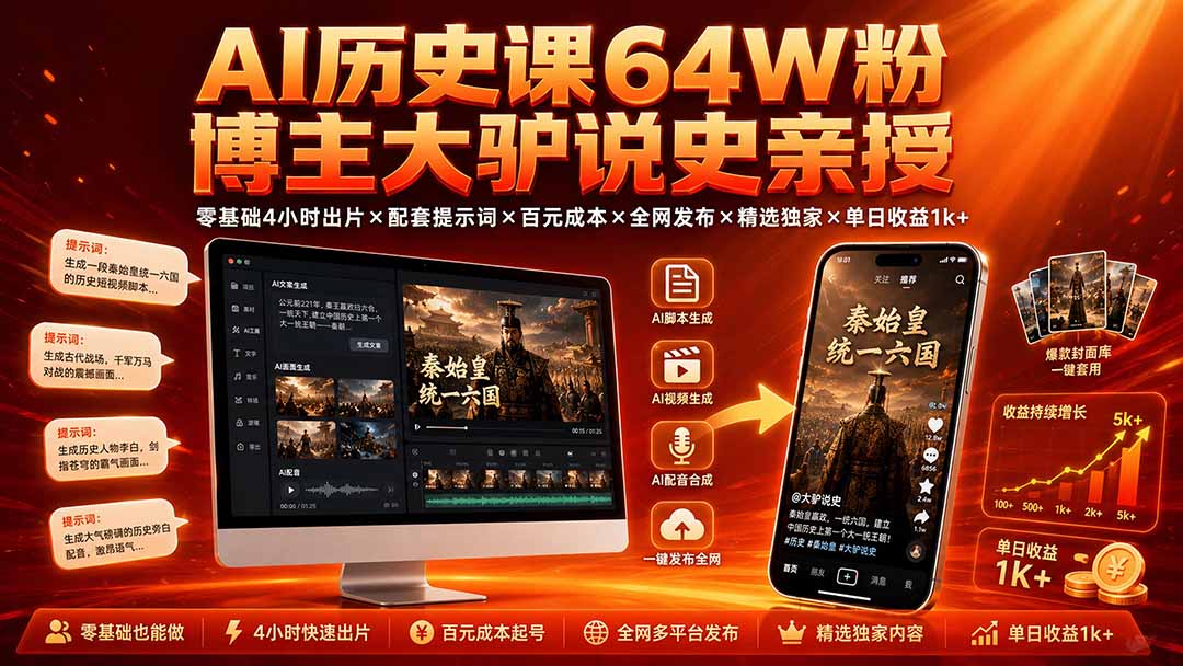AI历史课64W粉博主大驴说史亲授：零基础4小时出片×配套提示词×百元成本×全网发布×精选独家×单日收益1k+-藏宝阁