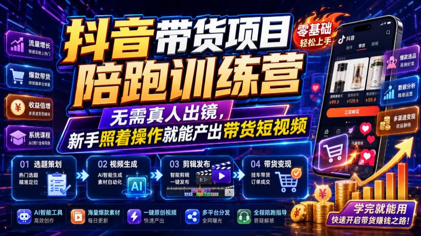 抖音带货项目陪跑训练营，无需真人出镜，新手照着操作就能产出带货短视频-藏宝阁