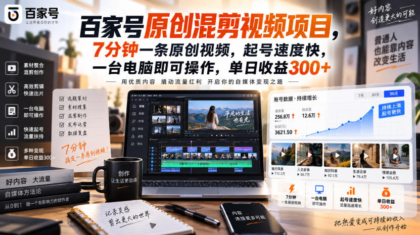 百家号原创混剪视频项目，7分钟一条原创视频，起号速度快，一台电脑即可操作，单日收益300+-藏宝阁