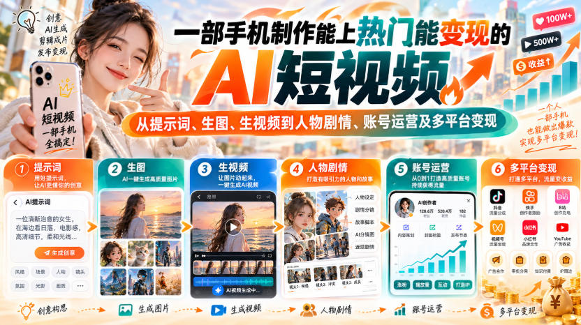 【无水印】一部手机制作能上热门能变现的AI短视频，从提示词、生图、生视频到人物剧情、账号运营及多平台变现(更新)-藏宝阁