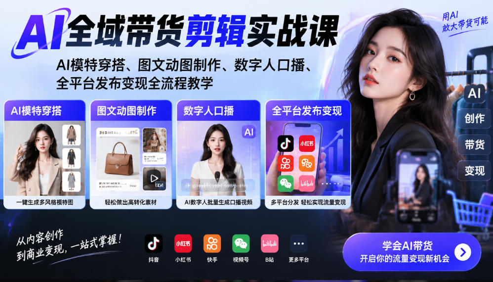 AI全域带货剪辑实战课｜AI模特穿搭、图文动图制作、数字人口播、全平台发布变现全流程教学-藏宝阁