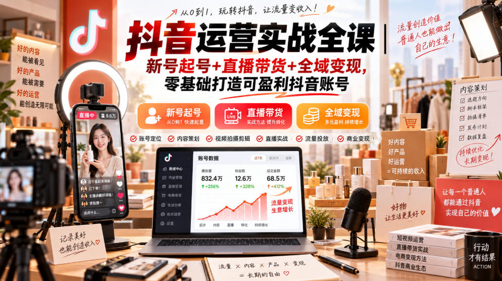 抖音运营实战全课｜新号起号+直播带货+全域变现，零基础打造可盈利抖音账号-藏宝阁