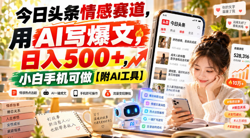 今日头条情感赛道，用AI写爆文，日入500+，小白手机可做【附AI工具】-藏宝阁