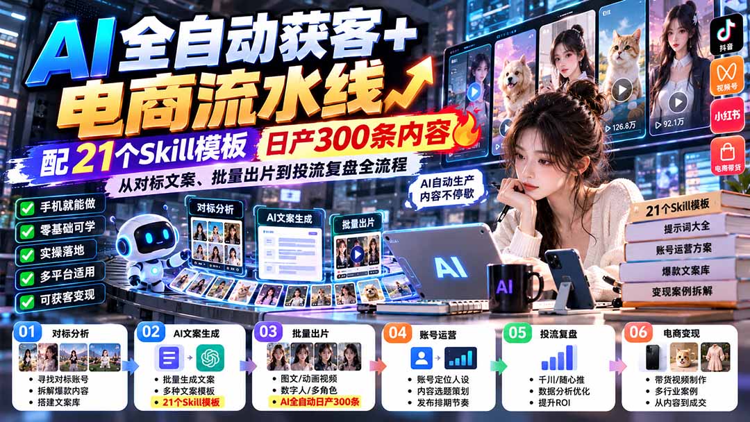 【无水印】AI全自动获客+电商流水线：配21个Skill模板，日产300条内容，从对标文案、批量出片到投流复盘全流程-藏宝阁