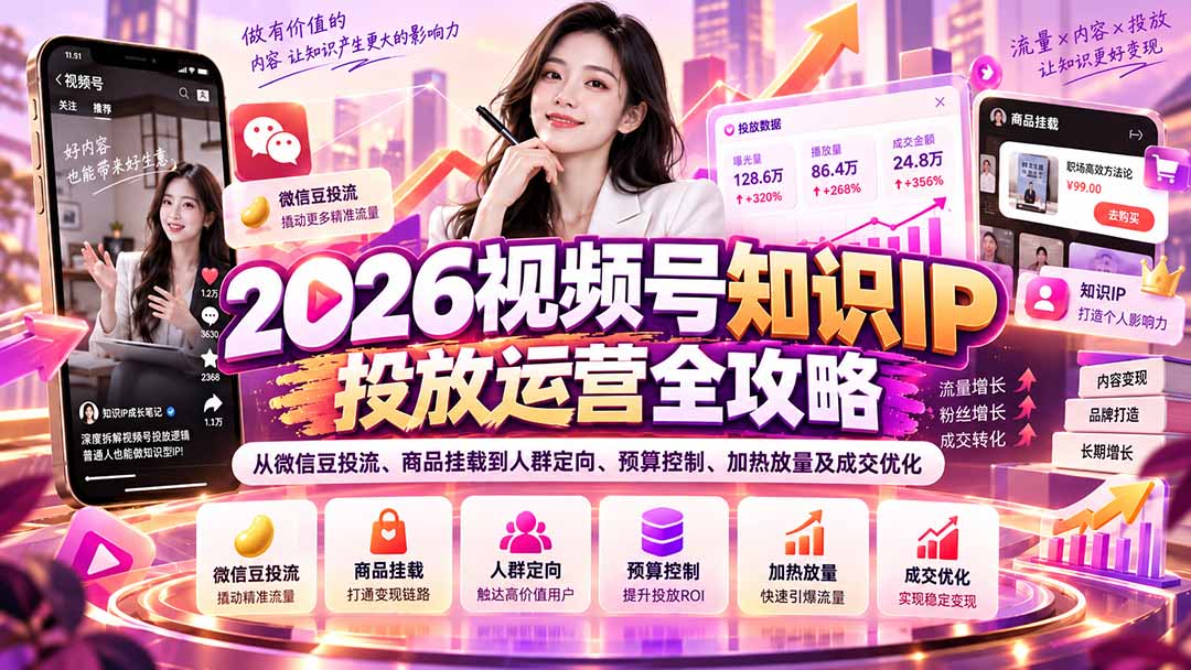 2026视频号知识IP投放运营全攻略：从微信豆投流、商品挂载到人群定向、预算控制、加热放量及成交优化-藏宝阁