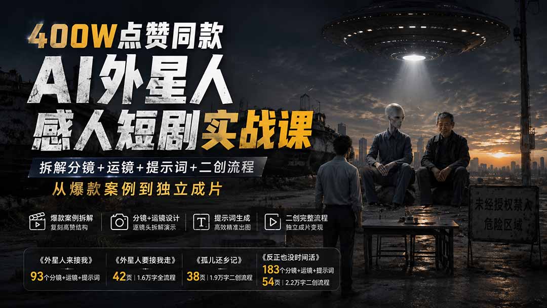 400W点赞同款AI外星人感人短剧实战课：拆解分镜+运镜+提示词+二创流程，从爆款案例到独立成片-藏宝阁