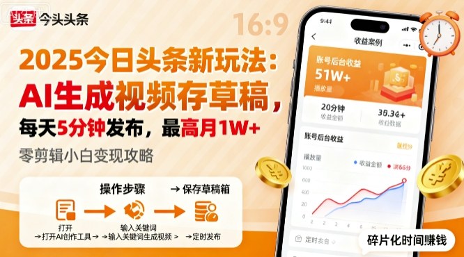 2025年今日头条躺賺新玩法，AI生成视频存草稿，每天5分钟发布，最高月1W+【揭秘】-藏宝阁