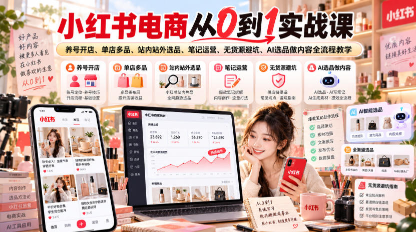 小红书电商从0到1实战课｜养号开店、单店多品、站内站外选品、笔记运营、无货源避坑、AI选品做内容全流程教学-藏宝阁