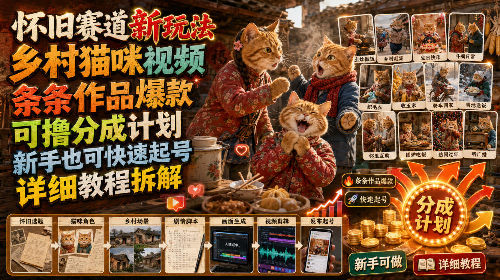 怀旧赛道新玩法，乡村猫咪视频，条条作品爆款，可撸分成计划，新手也可快速起号，详细教程拆解-藏宝阁