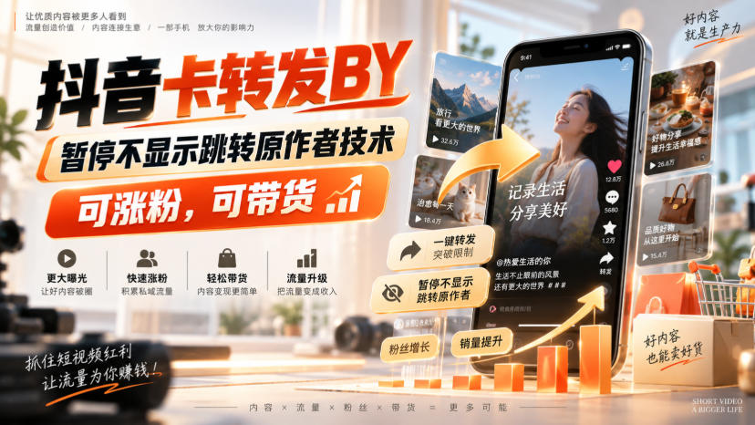 抖音卡转发搬运，暂停不显示跳转原作者技术，可涨粉，可带货-藏宝阁