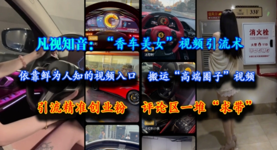 凡视知音：“香车美女”视频引流术，依靠鲜为人知的视频入口，搬运“高端圈子”视频，引流精准创业粉，评论区一堆“求带”-藏宝阁