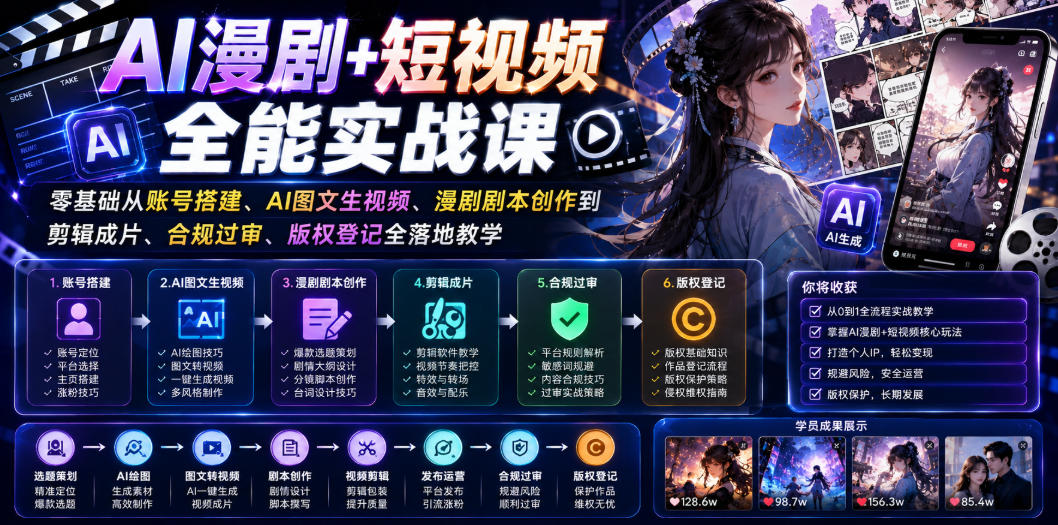 AI漫剧+短视频全能实战课｜零基础从账号搭建、AI图文生视频、漫剧剧本创作到剪辑成片、合规过审、版权登记全落地教学-藏宝阁