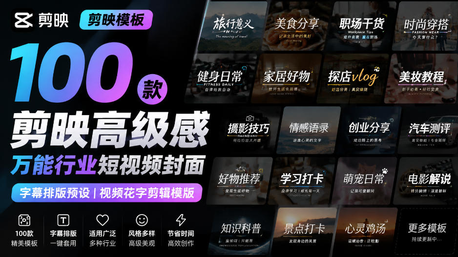 【剪映模板】100款剪映高级感万能行业短视频封面字幕排版预设视频花字剪辑模版-藏宝阁