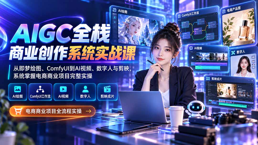AIGC全栈商业创作系统实战课-更新1017：从即梦绘图、ComfyUI到AI视频、数字人与剪映，系统掌握电商商业项目完整实操-藏宝阁