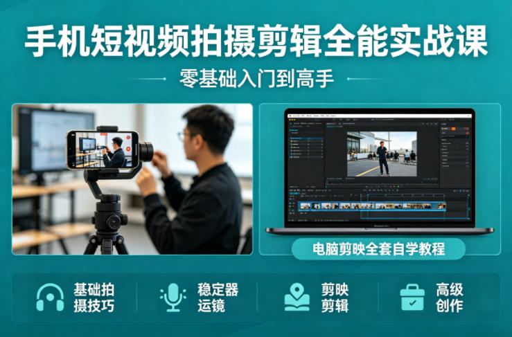手机短视频拍摄剪辑全能实战课：零基础入门到高手，稳定器运镜+电脑剪映全套自学教程-藏宝阁