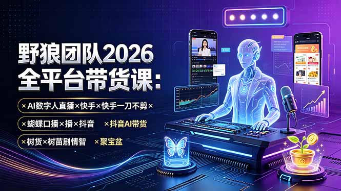 野狼团队2026全平台带货课-7月：AI数字人直播×快手一刀不剪×蝴蝶口播×抖音AI带货×树苗剧情智剪×聚宝盆-藏宝阁