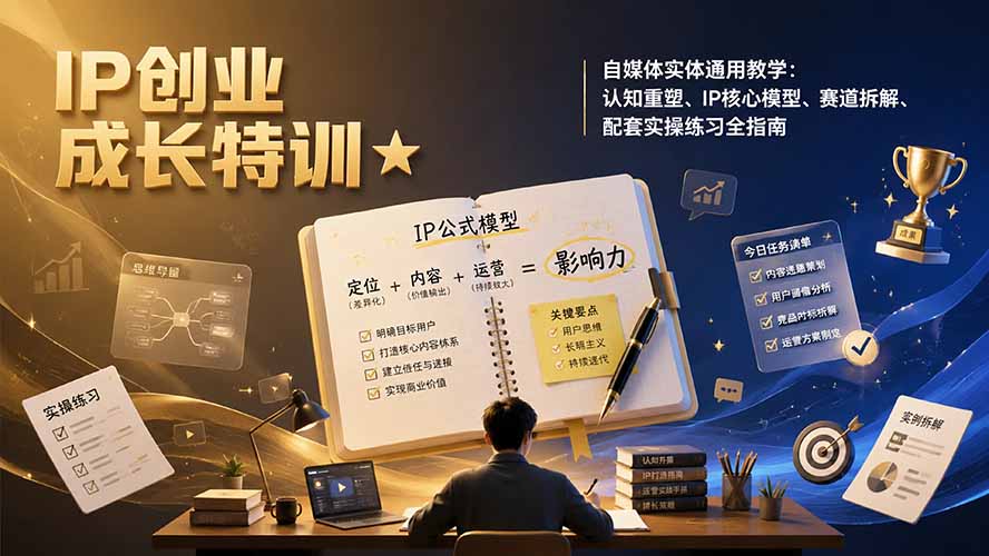 IP创业成长特训★自媒体实体通用教学：认知重塑、IP核心模型、赛道拆解、配套实操练习全指南-藏宝阁