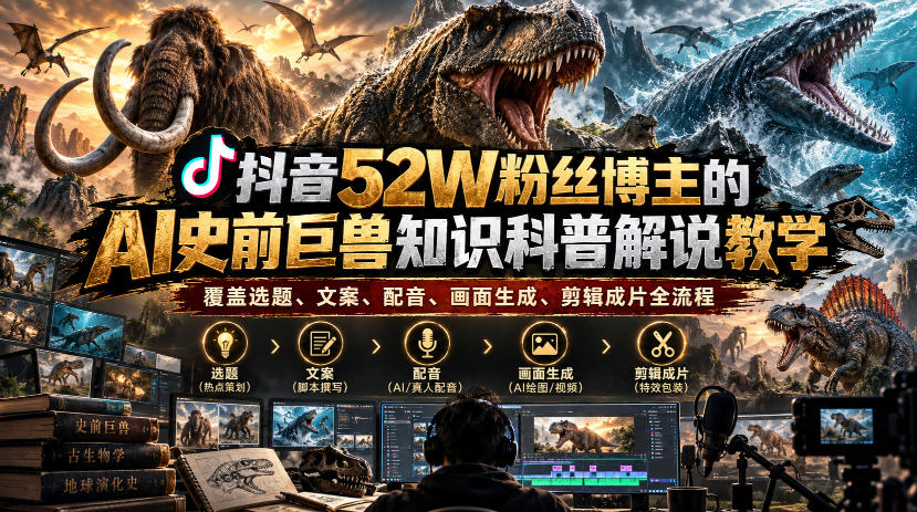 抖音52W粉丝博主的AI史前巨兽知识科普解说教学，覆盖选题、文案、配音、画面生成、剪辑成片全流程-藏宝阁