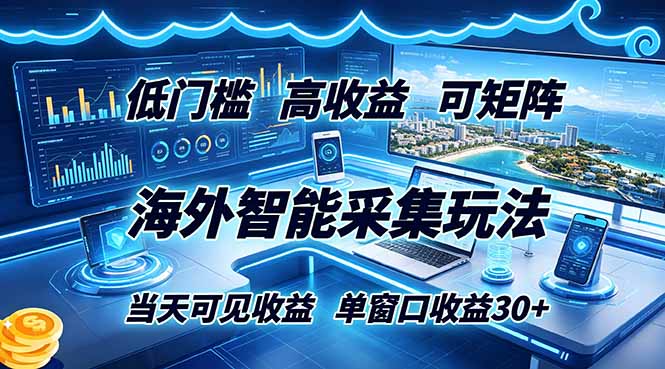 海外智能采集玩法，低门槛高单价可矩阵，当天可见收益，单窗口30+-藏宝阁