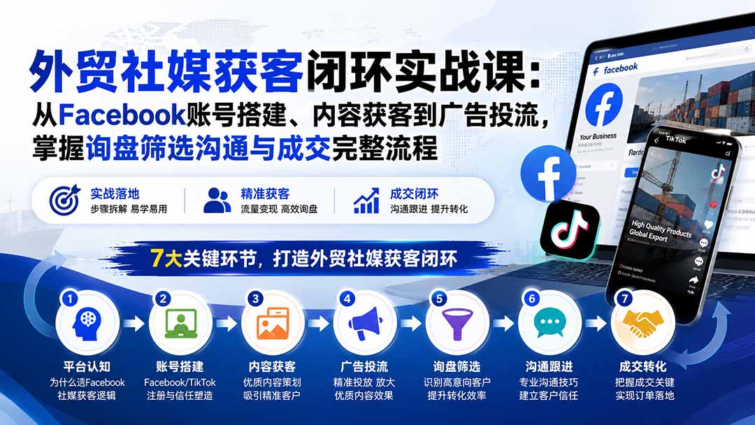 外贸社媒获客闭环实战课：从Facebook账号搭建、内容获客到广告投流，掌握询盘筛选沟通与成交完整流程-藏宝阁