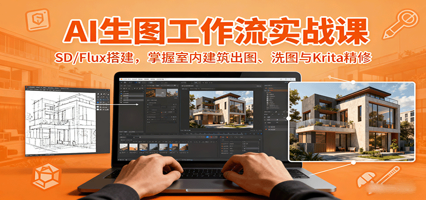 AI生图工作流实战课：SD/Flux搭建，掌握室内建筑出图、洗图与Krita精修-藏宝阁