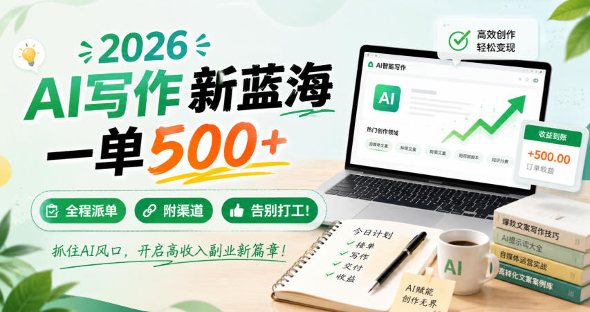 2026 AI写作新蓝海，一单500+，全程派单，附渠道，告别打工！【揭秘】-藏宝阁