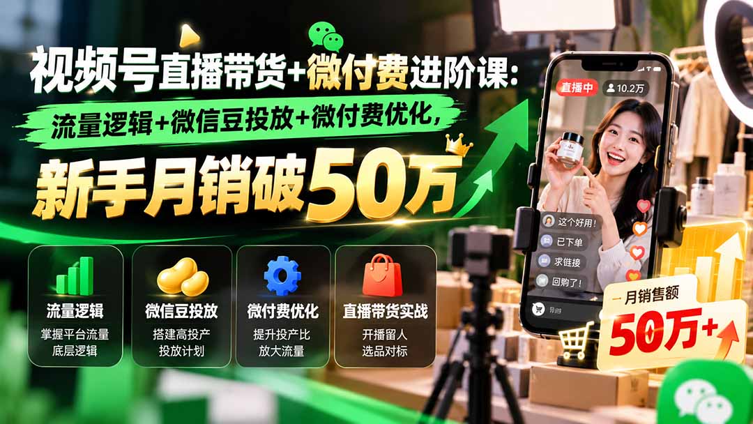 视频号直播带货+微付费进阶课-更新1010：流量逻辑+微信豆投放+微付费优化，新手月销破50万-藏宝阁