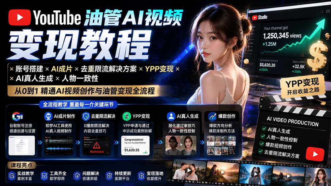 YouTube油管AI视频变现教程-更新：账号搭建×AI成片×去重限流解决方案×YPP变现×AI真人生成×人物一致性-藏宝阁
