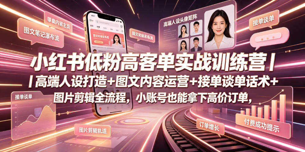 小红书低粉高客单实战训练营｜高端人设打造+图文内容运营+接单谈单话术+图片剪辑全流程，小账号也能拿下高价订单-藏宝阁