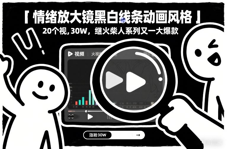 情绪放大镜黑白线条动画风格，20个视频，涨粉30W，继火柴人系列又一大爆款-藏宝阁