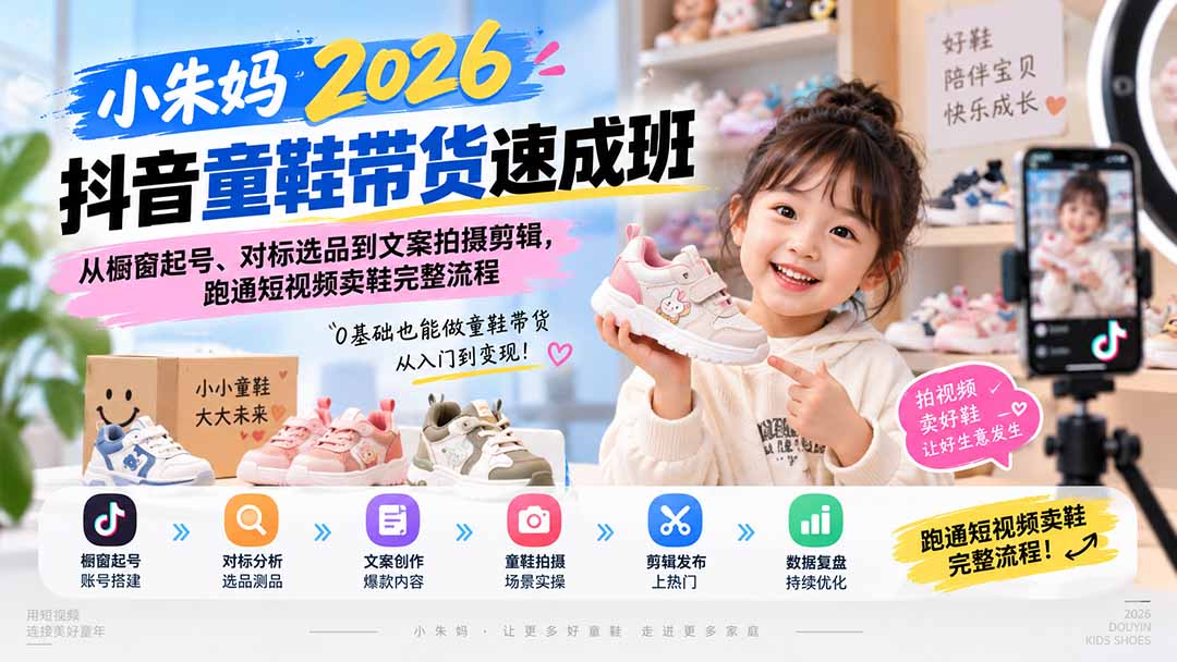 小朱妈2026抖音童鞋带货速成班：从橱窗起号、对标选品到文案拍摄剪辑，跑通短视频卖鞋完整流程-藏宝阁