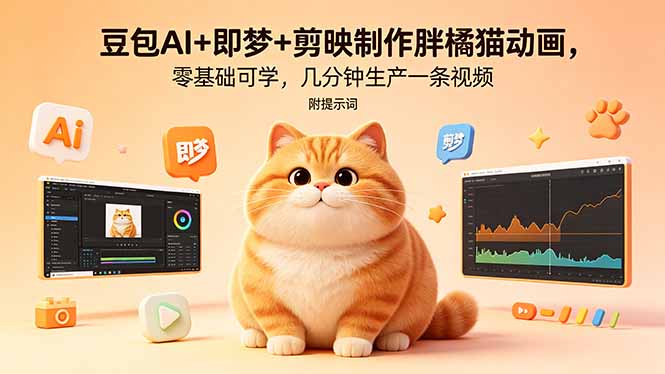 豆包AI+即梦+剪映制作胖橘猫动画，零基础可学，几分钟生产一条视频，附提示词-藏宝阁
