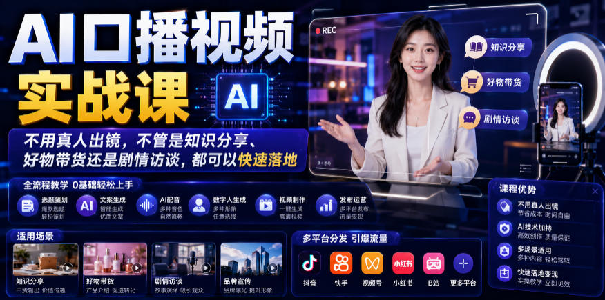 AI口播视频实战课，不用真人出镜，不管是知识分享、好物带货还是剧情访谈，都可以快速落地-藏宝阁
