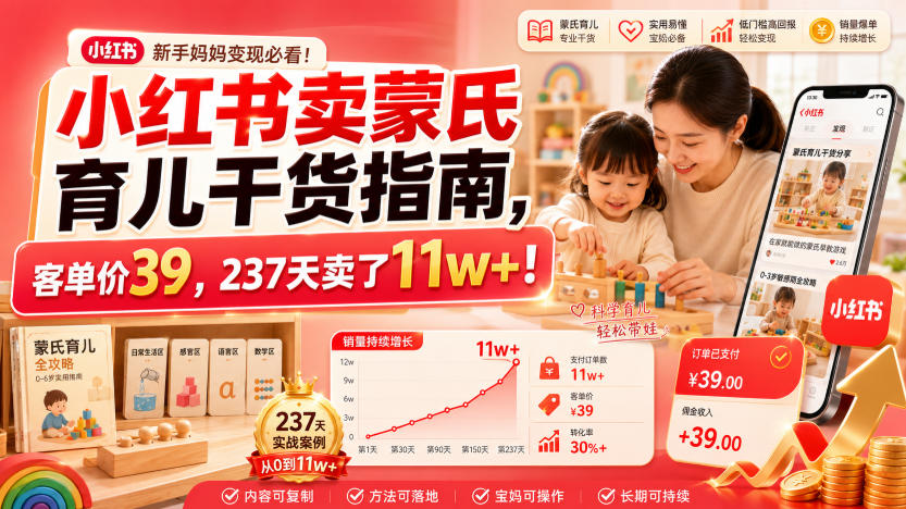 小红书卖蒙氏育儿干货指南，客单价39，237天卖了11w+！-藏宝阁