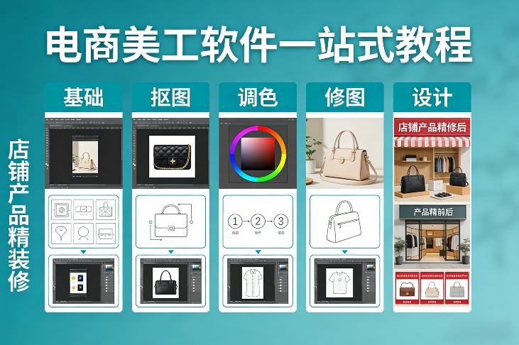 电商美工软件一站式教程，基础/抠图/调色/修图/设计，店铺产品精装修-藏宝阁