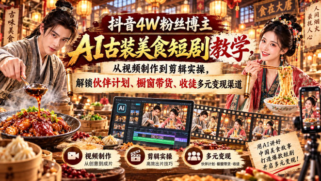 抖音4W粉丝博主AI古装美食短剧教学，从视频制作到剪辑实操，解锁伙伴计划、橱窗带货、收徒多元变现渠道-藏宝阁