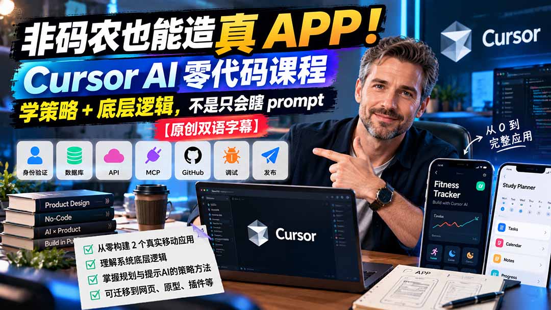 非码农也能造真 APP！Cursor AI 零代码课程：学策略 + 底层逻辑，不是只会瞎 prompt【原创双语字幕】-藏宝阁